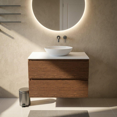 Saniclass Holz Pure Ensemble meuble de salle de bains - 100x45x62.5cm - Plan de toilette Torino en solid surface blanc - sans trou de robinet - 2 tiroirs - walnut pure mat (bois)