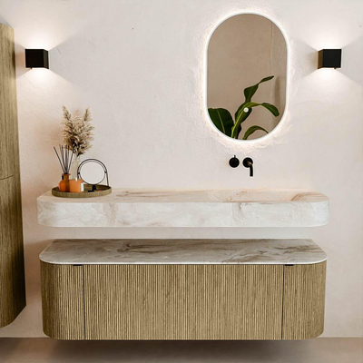 MONDIAZ THOR-DLUX 150cm meuble de salle de bains arrondi gauche + droite couleur Dusk avec 1 tiroir et 2 portes. Vasque suspendue CLOUD Droite sans trou de robinet couleur Frappe.