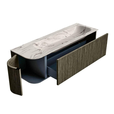 MONDIAZ KURVE-DLUX Meuble de salle de bains 145cm arrondi à gauche couleur Shadow avec 1 tiroir et 1 porte. Lavabo BIG LARGE à droite 2 trous de robinet Nata.