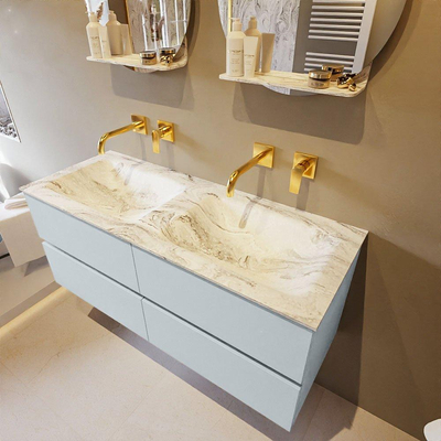 Mondiaz VICA-DLUX ensemble de meuble de salle de bain - 120cm - meuble sous-vasque argile - 4 tiroirs - lavabo encastré nuage double - sans trous de robinet - version haute de 60cm - glace