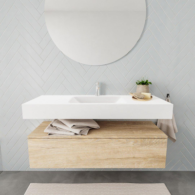 MONDIAZ ALAN 120cm - onderkast - washed oak - 1 lade - vrijhangende wastafel - wasbak midden - 1 kraangat - talc