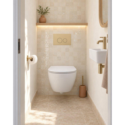 QeramiQ Dely Swirl Compact Toiletset - inbouwreservoir Geberit UP320 - met Burda frame - slim zitting - kunststof bedieningsplaat beige - ronde knoppen - mat wit