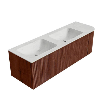 Ensemble de meuble Mondiaz KURVE-DLUX - 145x46x40cm - 1 tiroir - 1 porte - lavabo en solid surface - double / gauche - sans trou de robinet - Ruby