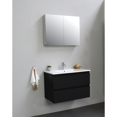 Basic Bella Meuble salle de bains avec lavabo céramique Blanc avec armoire toilette 2 portes gris 80x55x46cm 1 trou de robinet Noir mat