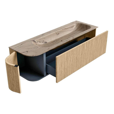 MONDIAZ KURVE-DLUX Meuble de salle de bains 145 cm arrondi à gauche couleur Chêne avec 1 tiroir et 1 porte. Lavabo BIG LARGE à droite sans trou de robinet Arena.