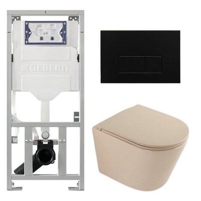 QeramiQ Dely Toiletset - 36.3x51.7cm - diepspoel - rimless - Geberit UP320 inbouwreservoir - softclose toilet zitting - metaal mat zwart bedieningsplaat - rechthoekige knoppen - mat beige