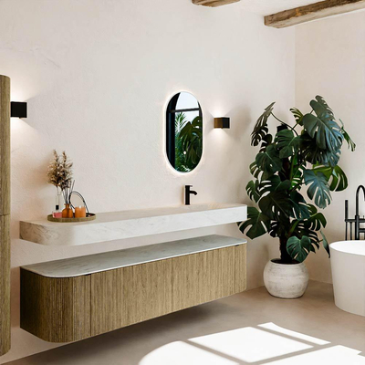 MONDIAZ THOR-DLUX Meuble de salle de bains 190cm arrondi gauche + droite couleur Dusk avec 2 tiroirs et 2 portes. Vasque suspendue CLOUD Droite 1 trou de robinet couleur Opalo.