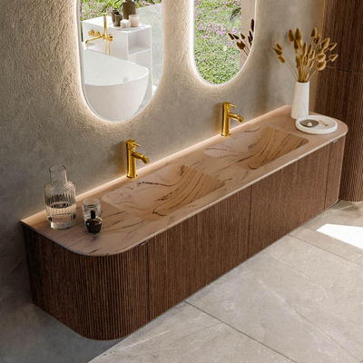 MONDIAZ KURVE-DLUX Meuble de salle de bains 180cm arrondi Gauche + Droite couleur Walnut avec 2 tiroirs et 2 portes. Lavabo LEAF Double 2 trous de robinet Arena.
