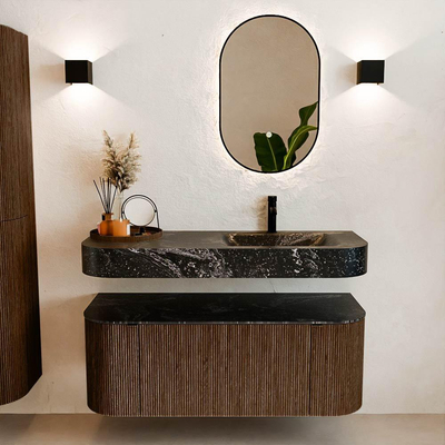 MONDIAZ THOR-DLUX 120cm meuble de salle de bains arrondi gauche + droite couleur Walnut avec 1 tiroir et 2 portes. Vasque suspendue CLOUD Droite 1 trou de robinet couleur Lava.