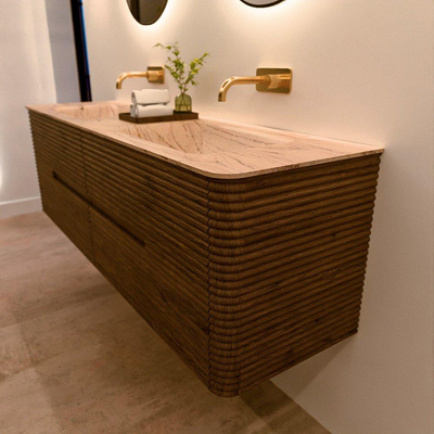 Mondiaz CIRO-DLUX Meuble de salle de bains - 160x45x50cm - Plan-vasque en solid surface Arena - 2 bacs Double - sans trous de robinetterie - 4 tiroirs - Dusk