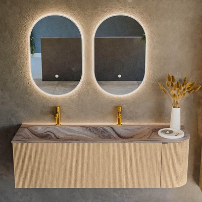 MONDIAZ KURVE-DLUX Meuble de salle de bains 145cm arrondi à droite couleur Chêne avec 1 tiroir et 1 porte. Lavabo BIG LARGE à gauche 2 trous de robinet Sombra.