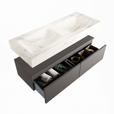 Mondiaz ALAN-DLUX Ensemble de meuble - 120cm - meuble Dark grey mat - 2 tiroirs - Lavabo Cloud Ostra suspendu - vasque Gauche et droite - 2 trous de robinet