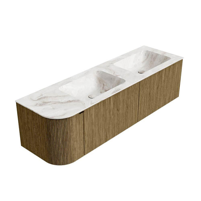 Mondiaz KURVE-DLUX Badkamermeubelset - 155x46x40cm - 2 lade - 1 deur - wastafel solid surface - dubbel / rechts - zonder kraangat - Dusk