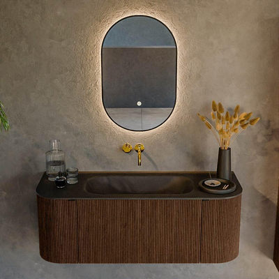 MONDIAZ KURVE 120cm badmeubel met module 25 Len R kleur Walnut met 1 lade en 2 deuren. Wastafel BIG SMALL midden zonder kraangat Urban.