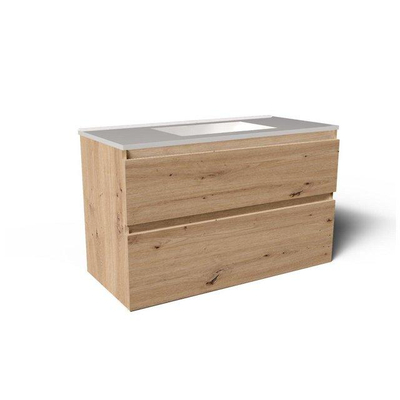 Saniclass Prime Vita Meuble de salle de bain - 100x46x60cm - lavabo en céramique brillant blanc - 1 vasque - sans trou de robinet - 2 tiroirs - chêne rustique