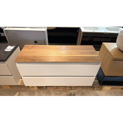 Adema Chaci Badkameronderkast - 120cm - 2 lades - greeploos - mat wit - inclusief Brauer natural wood wastafelblad - Naturel Walnut - OUTLET UDEN