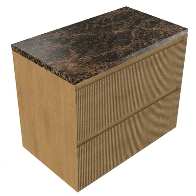 Saniclass Holz Atelier Ensemble de meubles de salle de bains - 80x45x63cm - Plan de travail en pierre naturelle Noche dark emperador - sans trou de robinetterie - 2 tiroirs - chêne natural mat (bois)