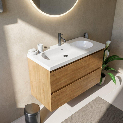 Saniclass Holz Pure Ensemble meuble de salle de bains - 100x45x63.5cm - lavabo en céramique Palermo blanc - 1 vasque - 1 trou de robinet - 2 tiroirs - chêne natural mat (bois)