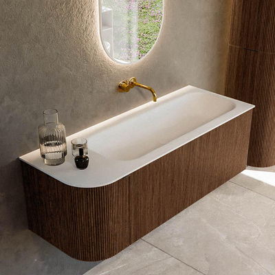 MONDIAZ KURVE 125cm badmeubel met module 25 L kleur Walnut met 1 lade en 1 deur. Wastafel BIG MEDIUM rechts zonder kraangat Talc.
