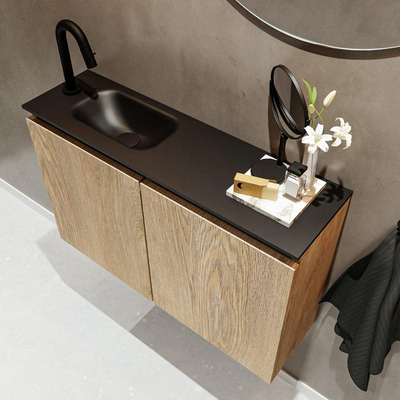 MONDIAZ TURE Fonteinset - 80x23x50cm - 1 kraangat - 2 deuren - washed oak mat - Wasbak links - Solid Surface Zwart