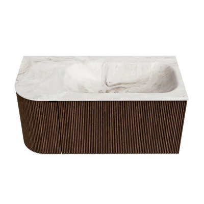MONDIAZ KURVE-DLUX 95cm badmeubel met module 25 L kleur Walnut met 1 lade en 1 deur. Wastafel BIG SMALL rechts zonder kraangat kleur Frappe.