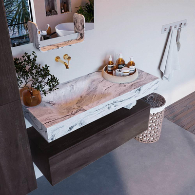 Mondiaz ALAN-DLUX Ensemble de meuble de salle de bains - 150x46cm - 1 tiroir - lavabo suspendu - sans trous de robinet - 1 à gauche - Dark brown (chêne foncé)