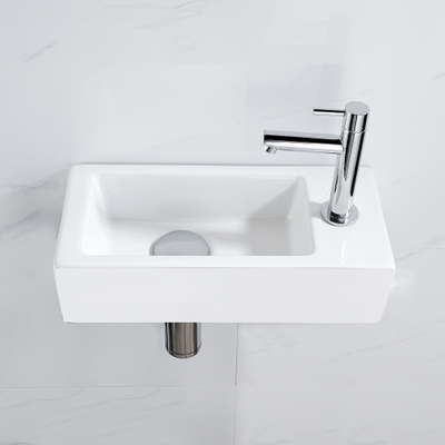 QeramiQ Lave-mains Kit lave-mains - 37.5x18.5x9cm - céramique - trou de robinet à droite - robinet lave-mains chrome - bonde de vidage - siphon abaissé - Mat blanc