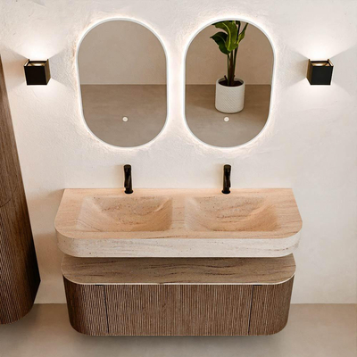 MONDIAZ THOR-DLUX 130cm badmeubel ronding links + rechts kleur Walnut met 1 lade en 2 deuren. Vrijhangende wastafel CLOUD Dubbel 2 kraangaten kleur Saba.