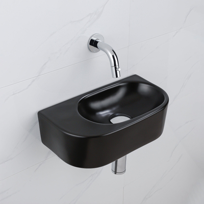 QeramiQ Fuente Fonteinset - 40x21.5x12cm - glad - halfrond - keramiek - fonteinkraan chroom - afvoerplug - verlaagd sifon - zwart mat