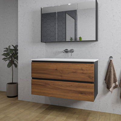 Adema Industrial 2.0 ensemble de meubles de salle de bain 100x45x55cm 1 vasque en céramique blanche sans trou de robinetterie armoire de toilette noire bois/noir