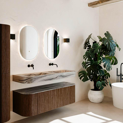 MONDIAZ THOR-DLUX 140cm meuble de salle de bains arrondi gauche + droite couleur Walnut avec 1 tiroir et 2 portes. Vasque suspendue CLOUD Double sans trou de robinet couleur Sombra.