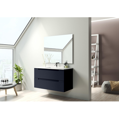 Adema Prime Balance Ensemble de meuble - 100x55x45cm - 1 vasque rectangulaire en céramique Blanc - 1 trou de robinet - 2 tiroirs - avec miroir rectangulaire - Navy Blue