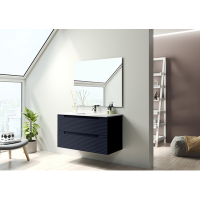Saniclass Prime Balance Meuble de salle de bain - 100x55x45cm - 1 vasque ovale en céramique blanc - 1 trou de robinet - 2 tiroirs - miroir rectangulaire - mat marine bleu