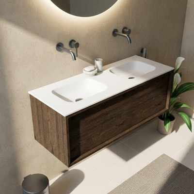 Saniclass Holz Frame Ensemble de meubles de salle de bains - 120x45x41.5cm - Flow lavabo en solid surface blanc - 2 vasques - sans trous de robinetterie - 1 tiroir - chêne charcoal mat (bois)