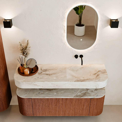 MONDIAZ THOR-DLUX 140cm meuble de salle de bains arrondi gauche + droite couleur Ruby avec 1 tiroir et 2 portes. Vasque suspendue CLOUD Droite sans trou de robinet couleur Frappe.