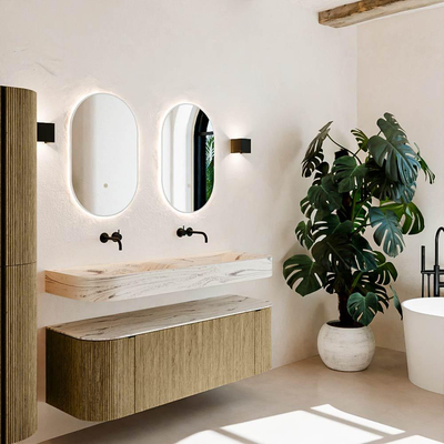 MONDIAZ THOR-DLUX 140cm meuble de salle de bains arrondi gauche + droite couleur Dusk avec 1 tiroir et 2 portes. Vasque suspendue CLOUD Double sans trou de robinet couleur Nata.