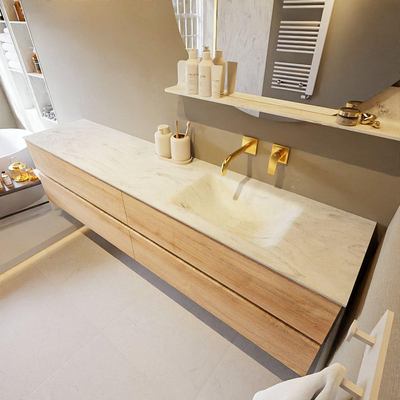 MONDIAZ VICA-DLUX Ensemble meuble de salle de bains - 200cm - meuble bas Washed oak - 4 tiroirs - lavabo encastré cloud à droite - sans trous de robinet - version haute 60cm - opalo