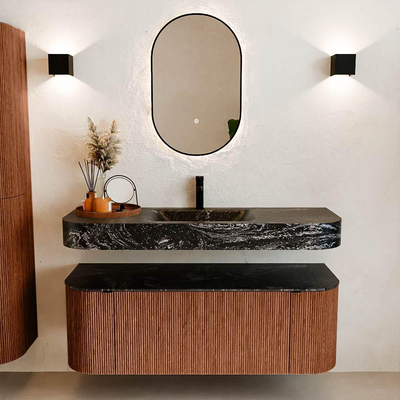 MONDIAZ THOR-DLUX Meuble de salle de bains 130cm arrondi gauche + droite couleur Ruby avec 1 tiroir et 2 portes. Vasque suspendue CLOUD Milieu 1 trou de robinet couleur Lava.