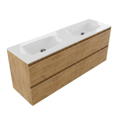 Saniclass Holz Pure Ensemble de meubles de salle de bains - 160x45x61.5cm - Vasque Flow en solid surface blanc - 2 vasques - sans trous de robinet - 4 tiroirs - chêne natural mat (bois)