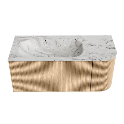 MONDIAZ KURVE-DLUX 105cm Meuble salle de bain avec module 25 D - couleur Oak - 1 tiroir - 1 porte - vasque BIG SMALL gauche - 1 trou de robinet - couleur Glace