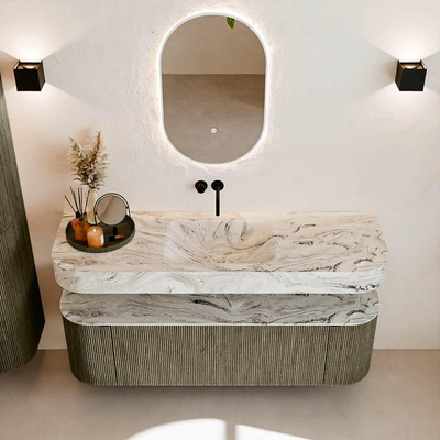 MONDIAZ THOR-DLUX 150cm meuble de salle de bains arrondi gauche + droite couleur Shadow avec 1 tiroir et 2 portes. Vasque suspendue CLOUD Milieu sans trou de robinet couleur Glace.