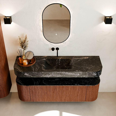 MONDIAZ THOR-DLUX 150cm meuble de salle de bains arrondi gauche + droite couleur Ruby avec 1 tiroir et 2 portes. Vasque suspendue CLOUD Milieu sans trou de robinet couleur Lava.