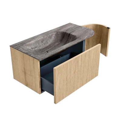 MONDIAZ KURVE-DLUX meuble de salle de bains 95cm arrondi Droit couleur chêne avec 1 tiroir et 1 porte. Lavabo BIG SMALL Gauche 1 trou de robinet Oza.