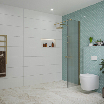 Fortifura Galeria inloopdouche - 50x200cm - ribbelglas - wandarm - PVD - geborsteld messing (goud)