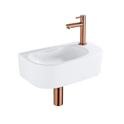 Fugaflow Efficiente Pietra Fonteinset - 40x21.5x12cm - rechts - glad - halfrond - 1 kraangat - keramiek - fonteinkraan geborsteld koper - afvoerplug - verlaagd sifon - wit glans