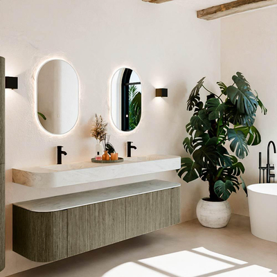 MONDIAZ THOR-DLUX 180cm meuble de salle de bains arrondi gauche + droite couleur Shadow avec 2 tiroirs et 2 portes. Vasque suspendue CLOUD Double 2 trous de robinet couleur Opalo.