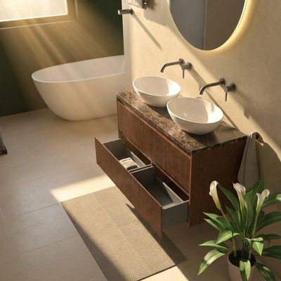 Saniclass Holz Atelier Ensemble meuble de salle de bains - 120x45x63cm - Plan de travail en pierre naturelle Noche dark emperador - sans trou de robinet - 2 tiroirs - walnut pure mat (bois)