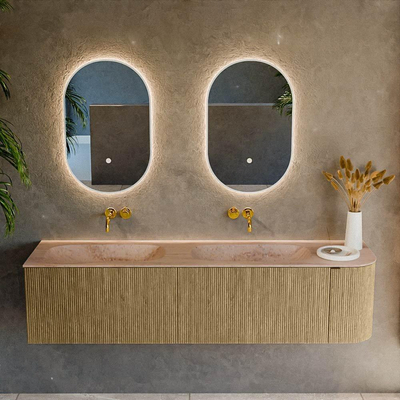 MONDIAZ KURVE-DLUX 175cm meuble de salle de bains avec arrondi à droite couleur Dusk avec 2 tiroirs et 1 porte. Lavabo STOR SMALL Double / Gauche sans trou de robinet Saba.