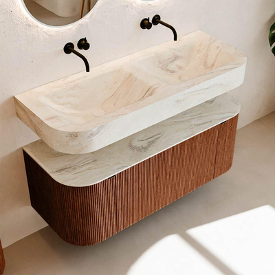 MONDIAZ THOR-DLUX 120cm meuble de salle de bains arrondi gauche + droite couleur Ruby avec 1 tiroir et 2 portes. Vasque suspendue CLOUD Double sans trou de robinet couleur Ostra.