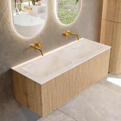 MONDIAZ KURVE-DLUX Meuble de salle de bains 120 cm couleur Oak avec 1 tiroir. Lavabo LEAF double sans trou de robinet couleur Ostra.